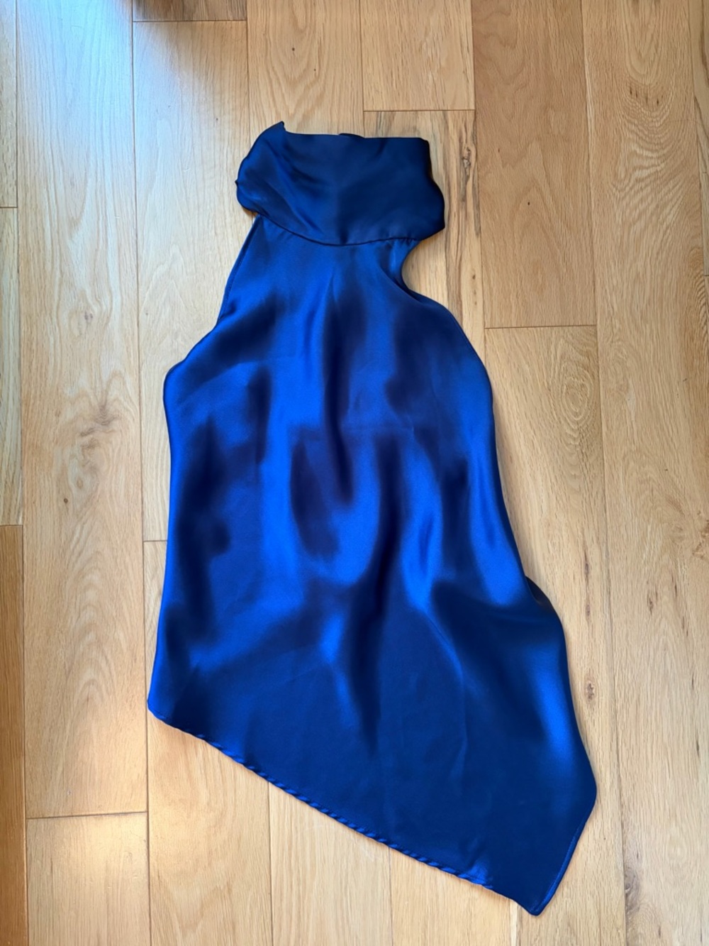 Zara Navy Satin Open Back Asymmetric Halter Top